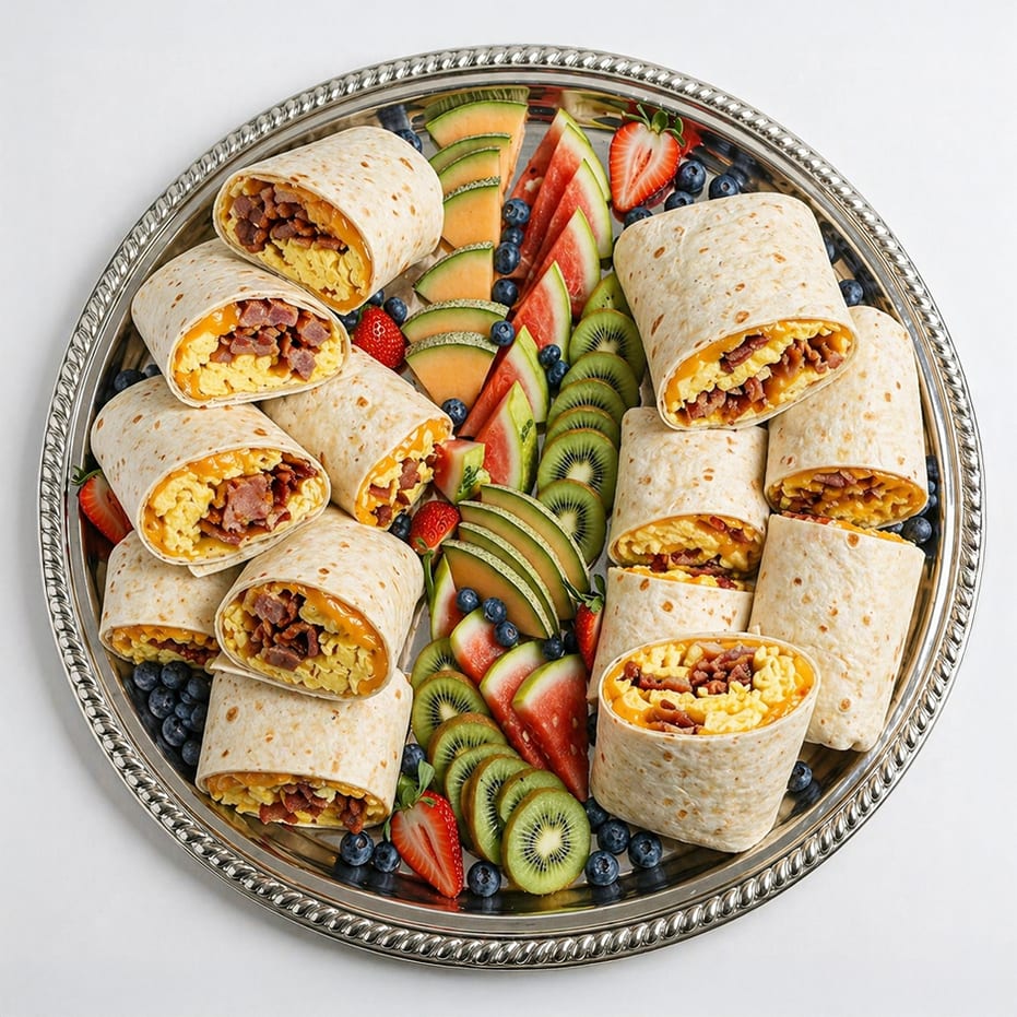 Bacon Breakfast Burritos and Fresh Fruit Platter.