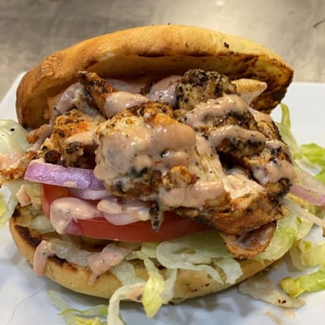 Grilled Blackened Halibut Burger.
